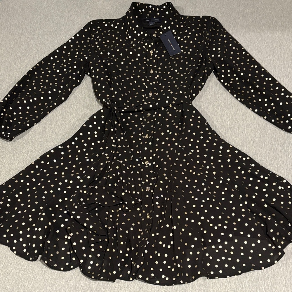 NWT Tommy Hilfiger Black & Gold Polka Dot Long Sleeve Dress With Buttons & Tie